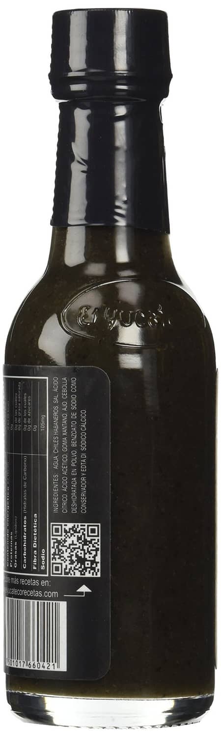Habanero sauce bottle with dark back label and barcode