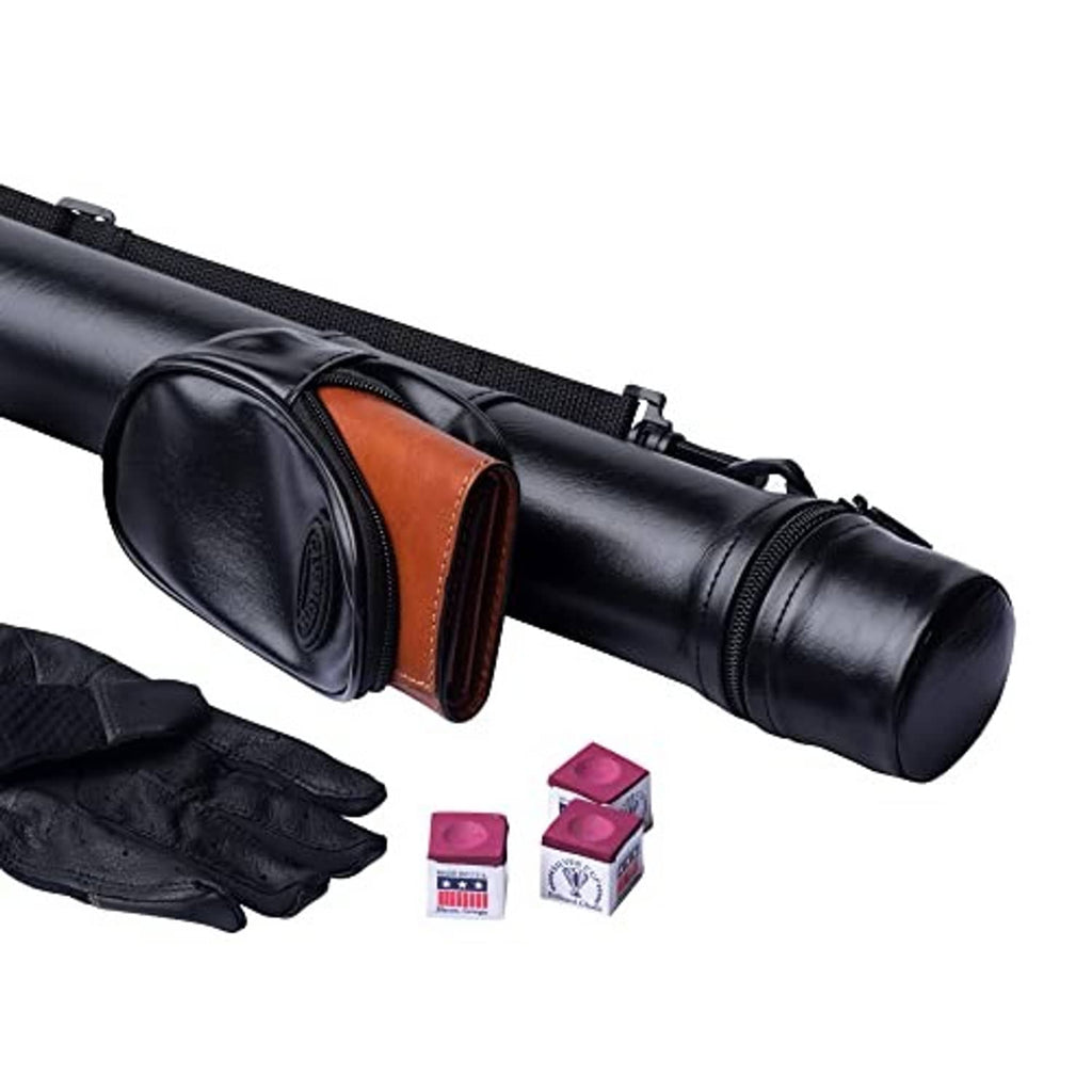 Black pool cue hard case with zip pocket and brown leather-style end panel