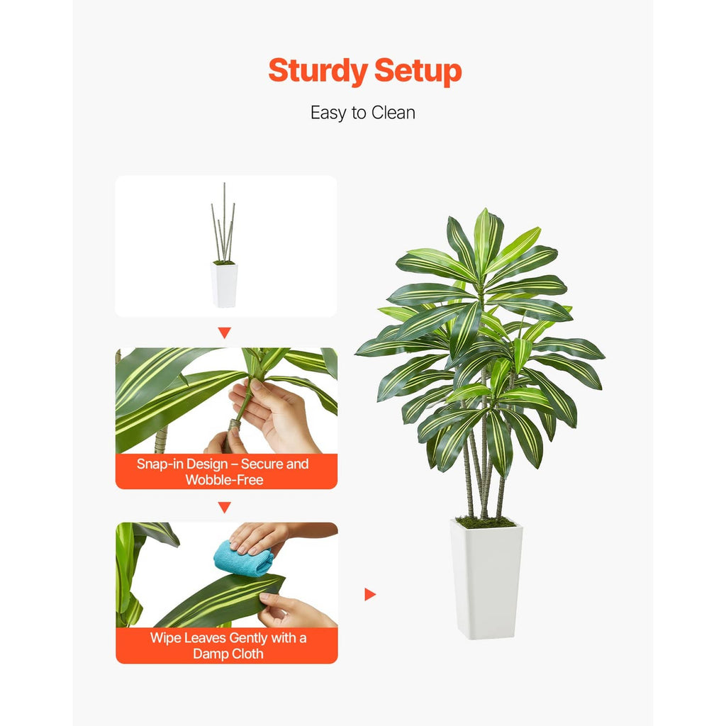 Artificial dracaena tree with green leaves and upright stems in a white pot