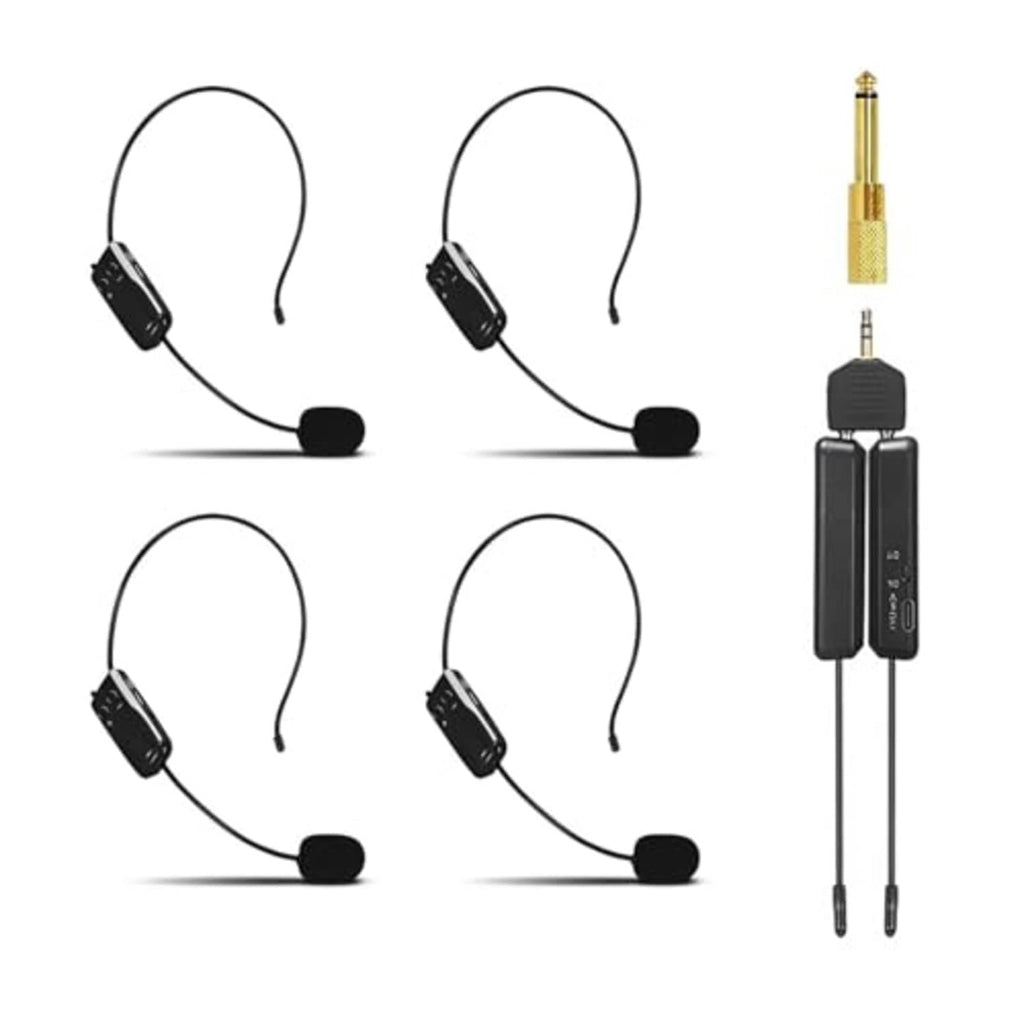 Four wireless headset microphones with two receiver units and audio plug