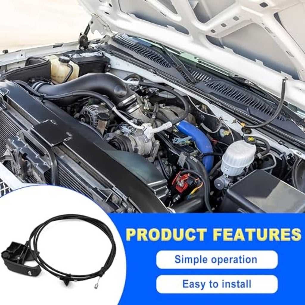 Black hood release cable and pull handle positioned in the engine compartment