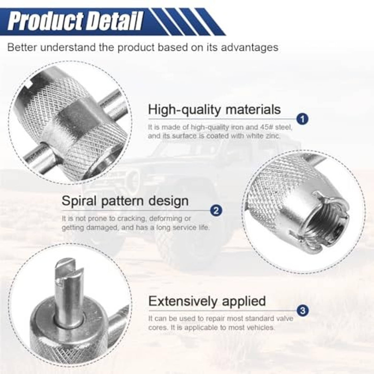4-in-1 car tire valve core tool, metal with spiral-pattern tip (2-pack)