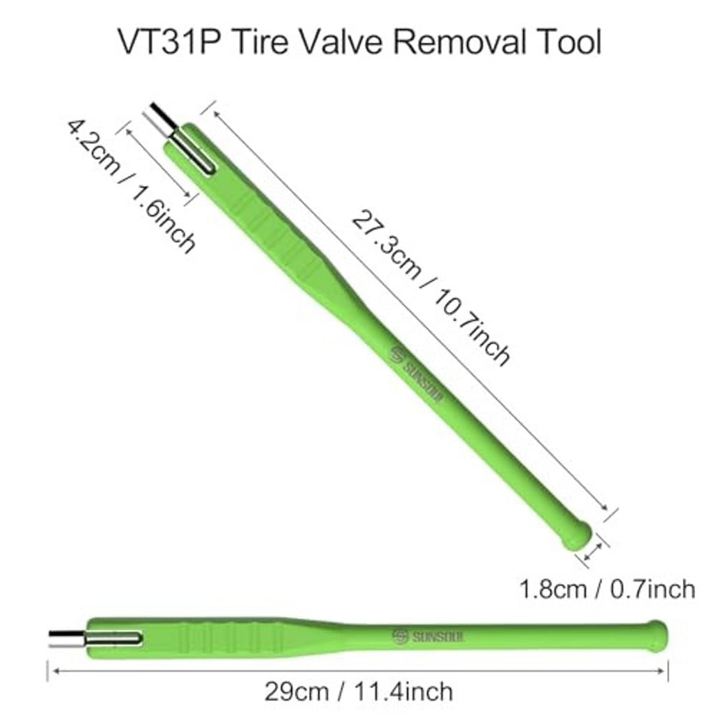 Green valve removal tool shown with length and thickness measurement lines