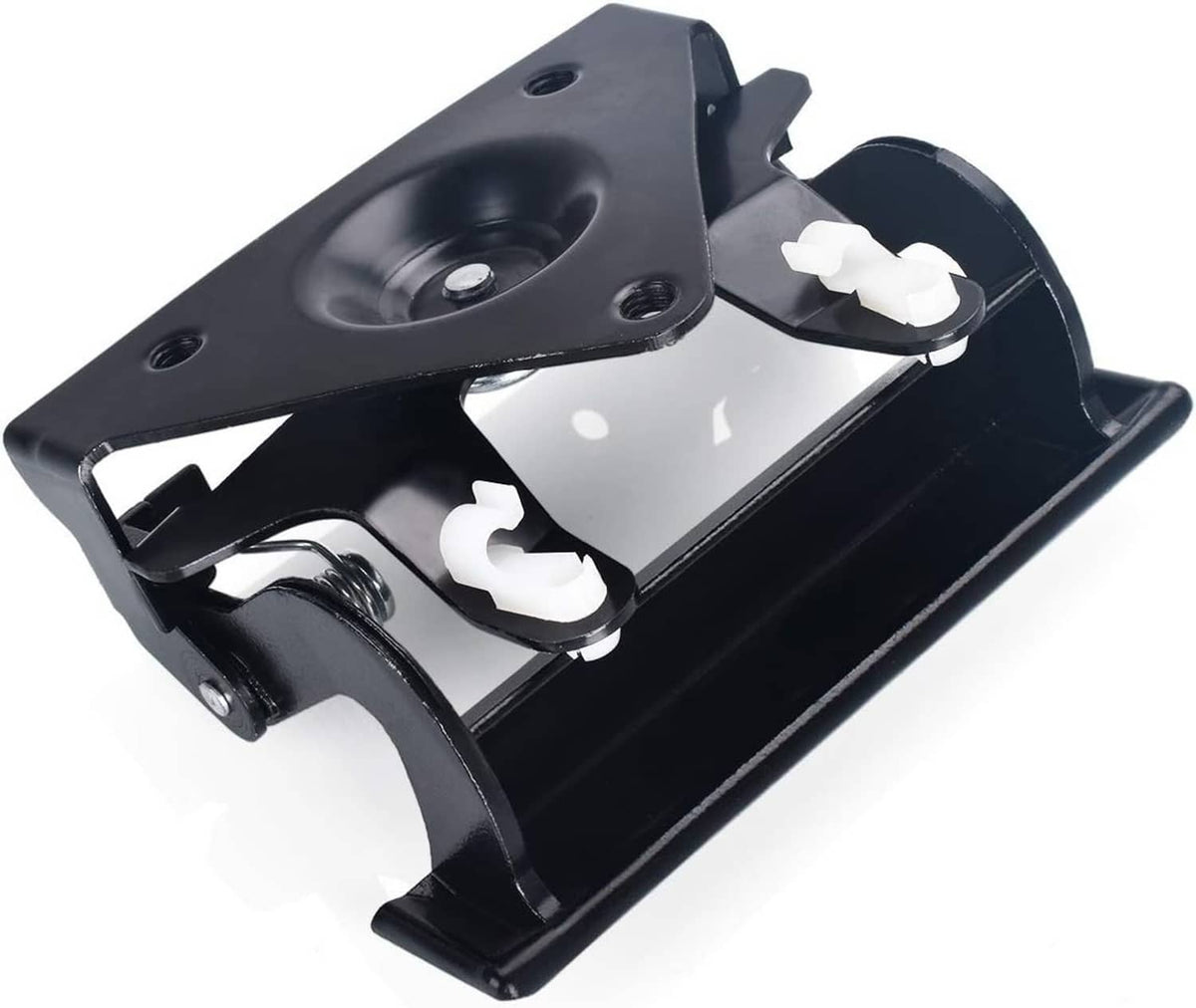 Black tailgate latch bracket with release springs and white plastic clips