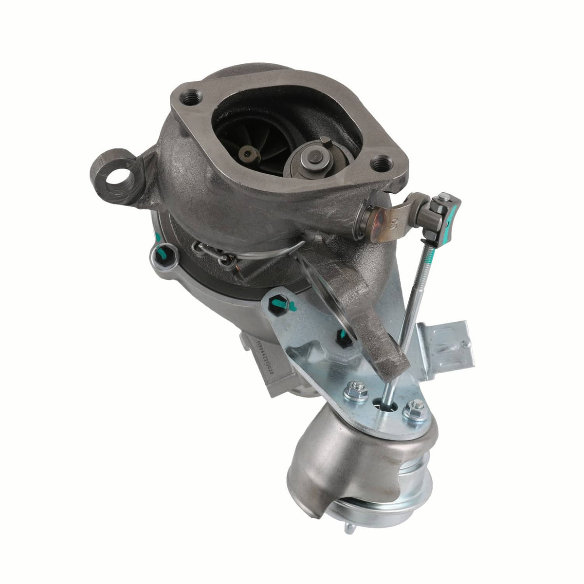 Left-side turbocharger assembly with inlet pipe and electrical connector, metal housing