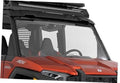 UTV front full windshield with clear panel and black frame, mounted on orange machine