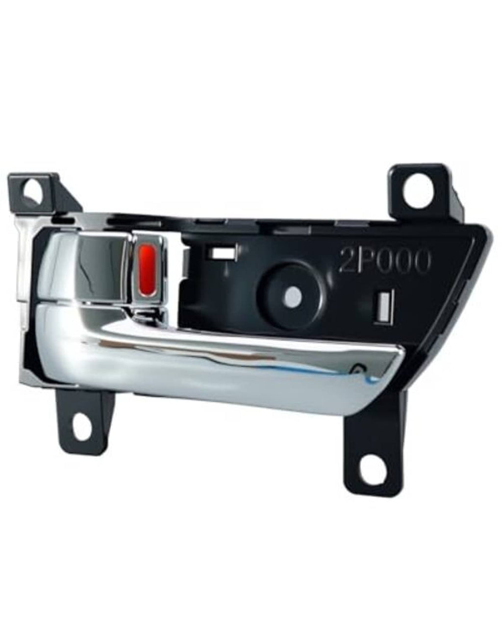 Left interior door pull handle assembly, black body with chrome lever and red insert