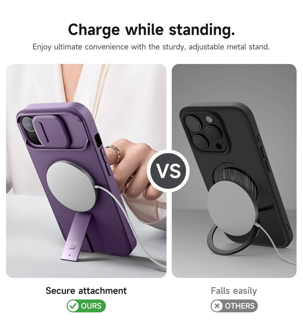 Dark purple iPhone 13/14 case with adjustable metal charging stand