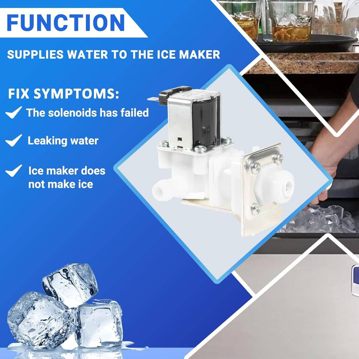 Water inlet valve assembly with white manifold and black solenoid control unit
