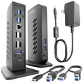 Black dual display docking station with USB ports, Ethernet, and power adapter cables