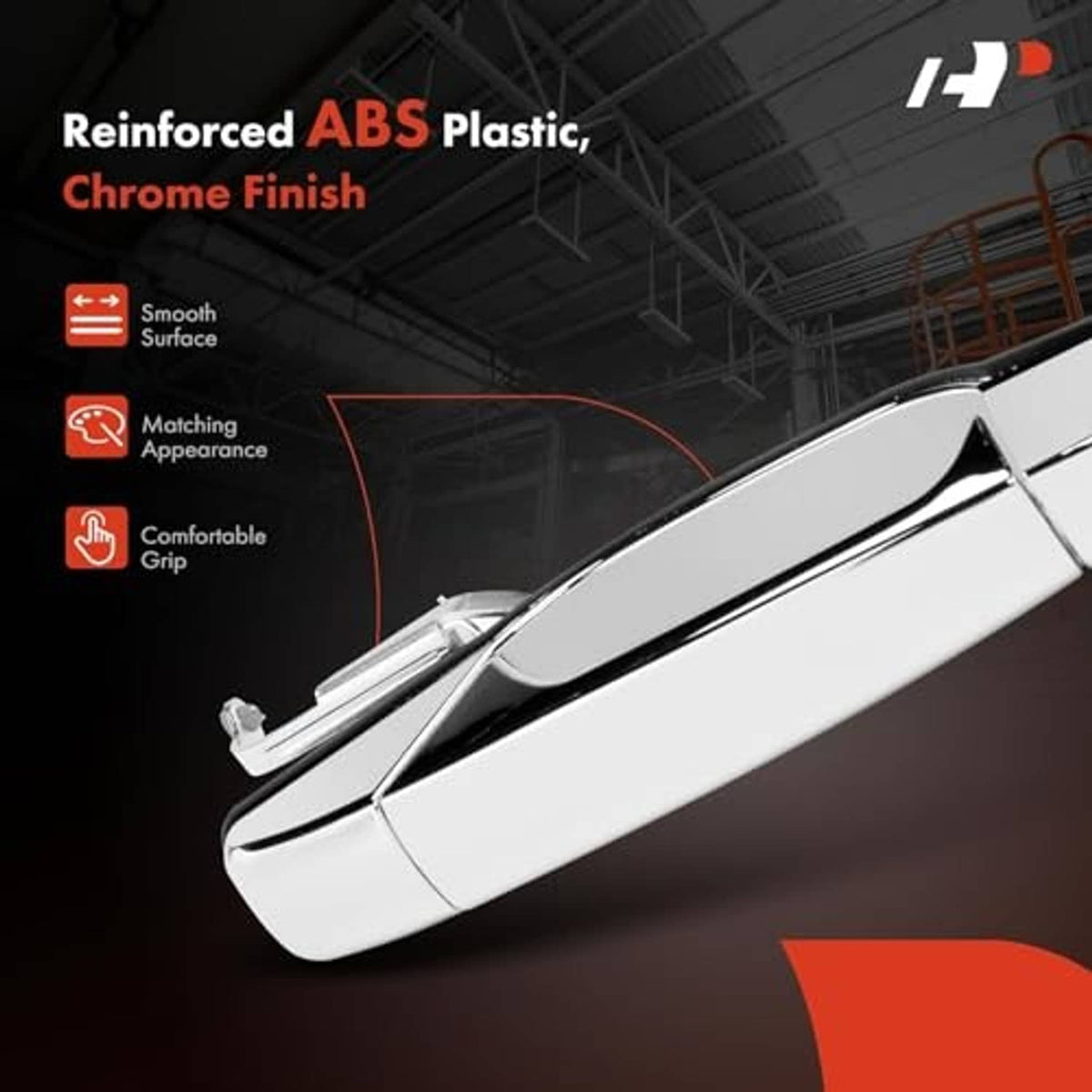 Chrome exterior door handle close-up, silver body with black insert strip