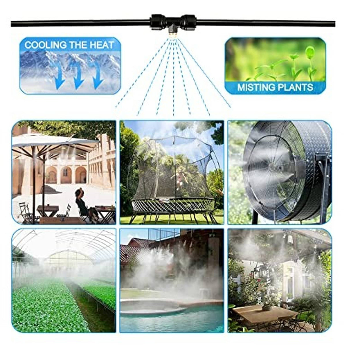 Black outdoor water misting line with nozzle distribution tubing and connector fittings