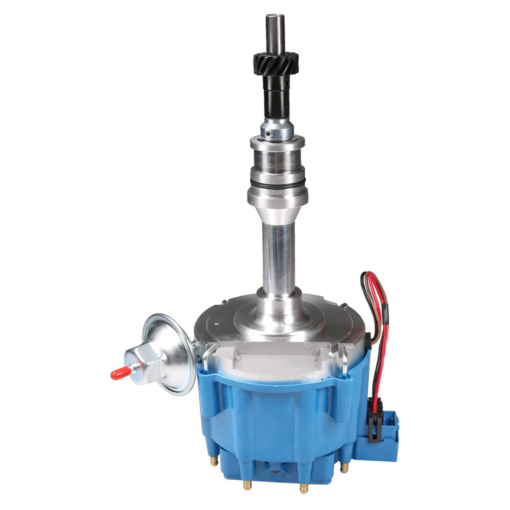 Blue HEI ignition distributor module with mounting base, shaft, and red/black leads