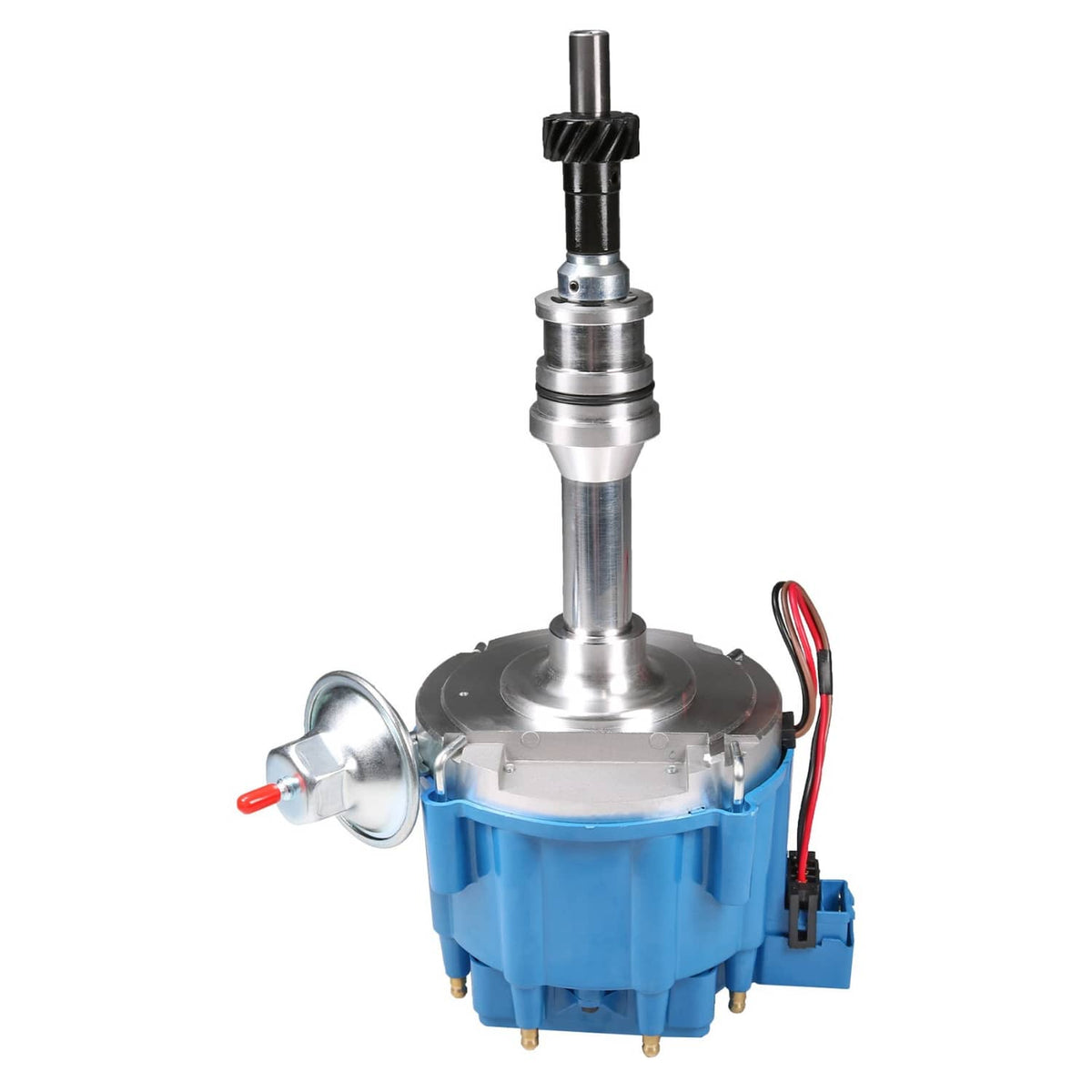 Blue HEI ignition distributor module with mounting base, shaft, and red/black leads