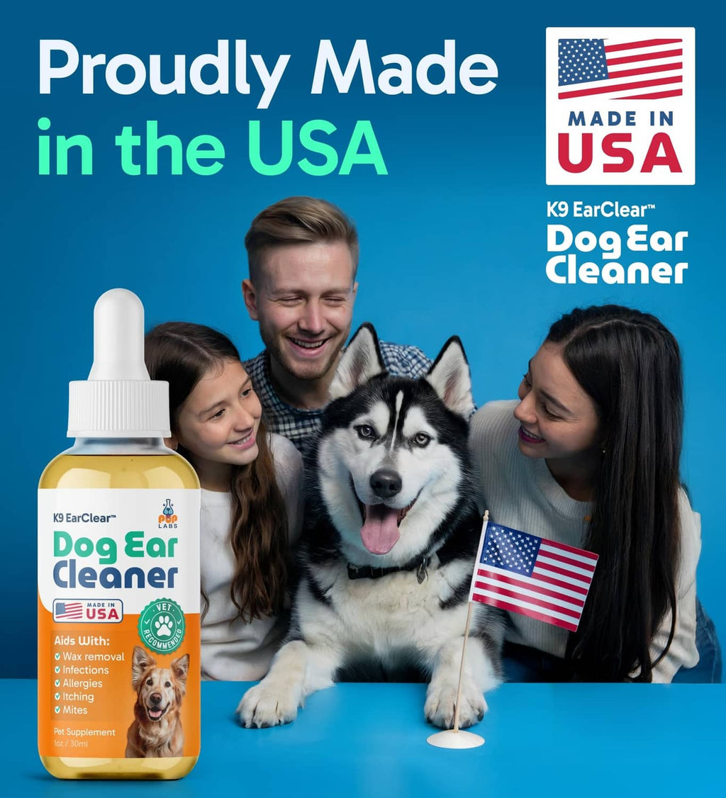 Dog ear cleaner bottle with dropper with family and husky dog