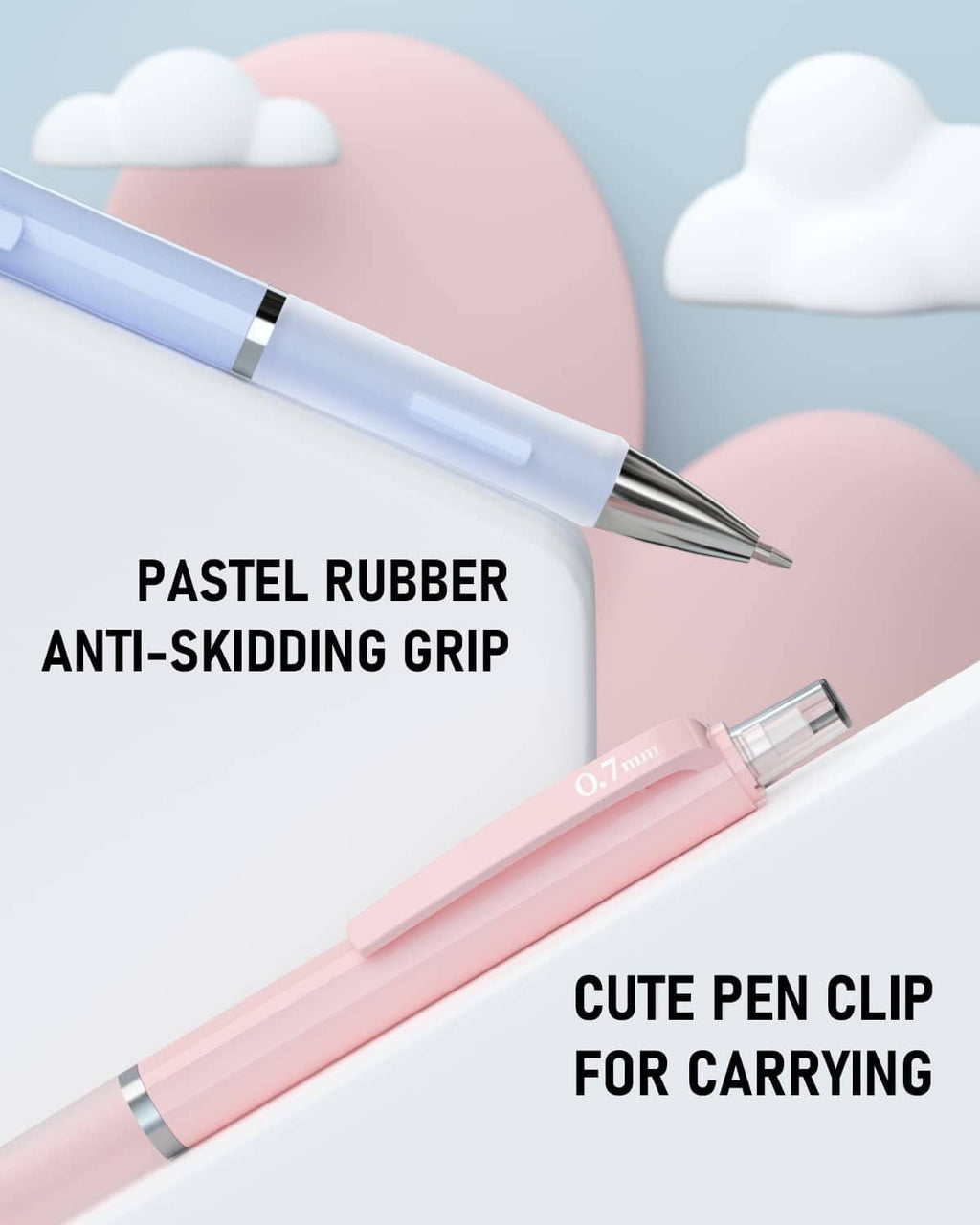 Pastel blue and pink mechanical pencils with anti-skid grip and pen clip