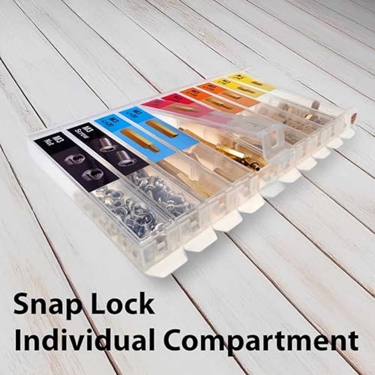 Snap-lock organizer case holding M3 hex brass standoff pieces in separate compartments