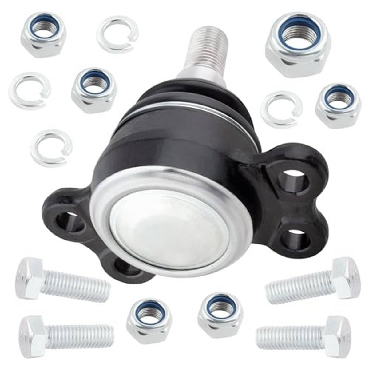 Close-up of black ball joint with threaded stud and included nuts and washers
