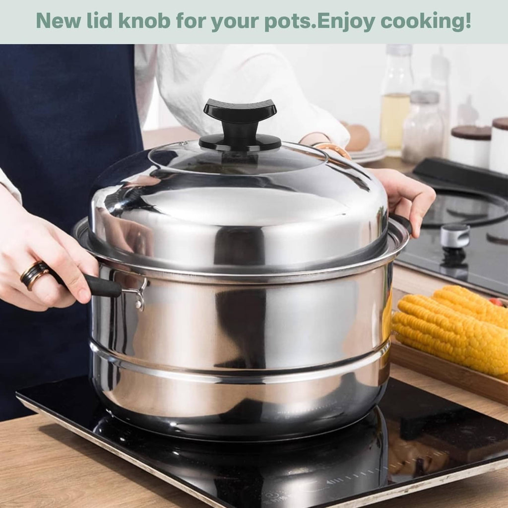 Black lid knob on stainless cookware lid with side handle