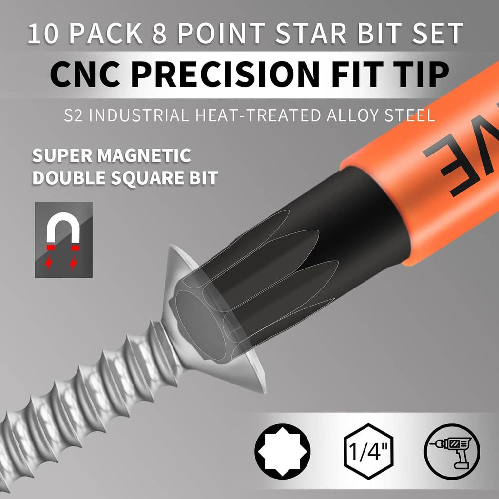 10-pack Torx star and double square bit set; close-up of orange/black bit tip