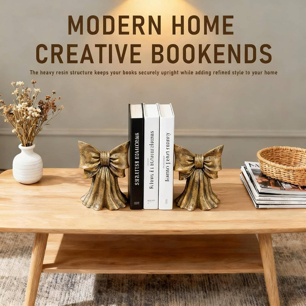 Gold bow bookends set of 2 with textured ribbon bow accents for books