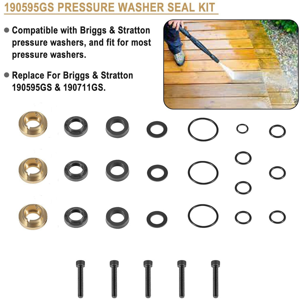 Pressure washer seal kit with brass fittings, black seals, and O-rings