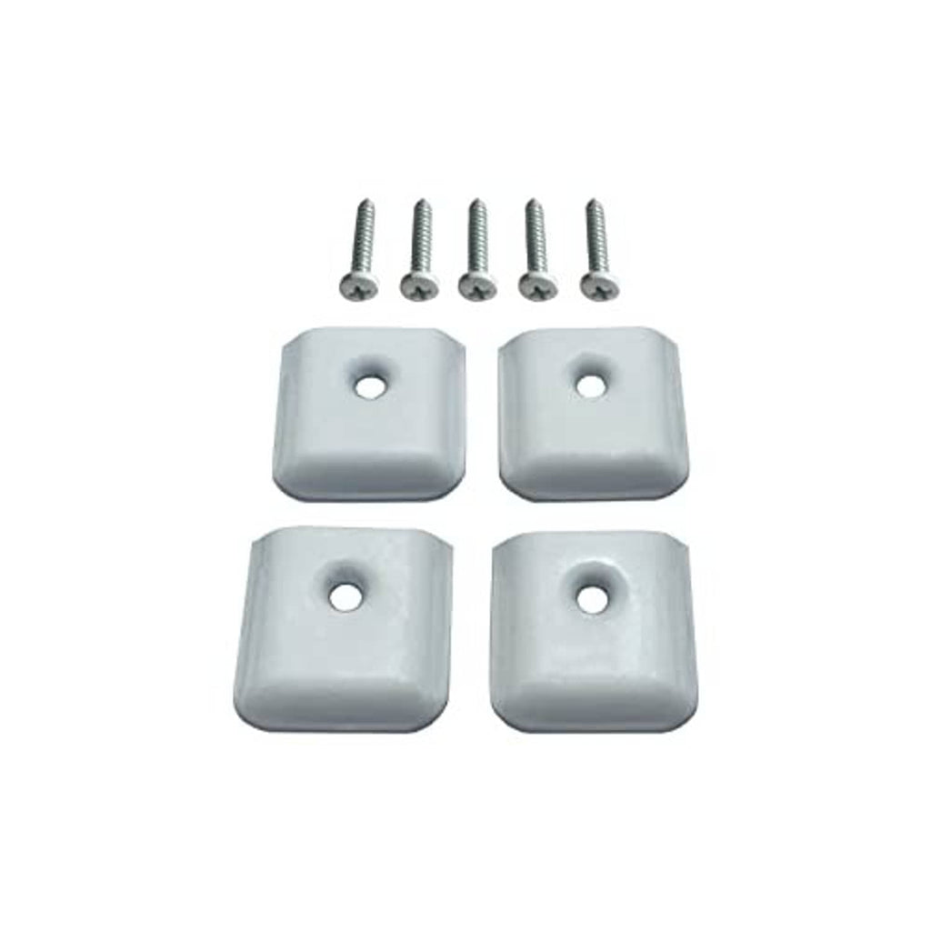 Four white flat aluminum end caps with mounting holes and five screws