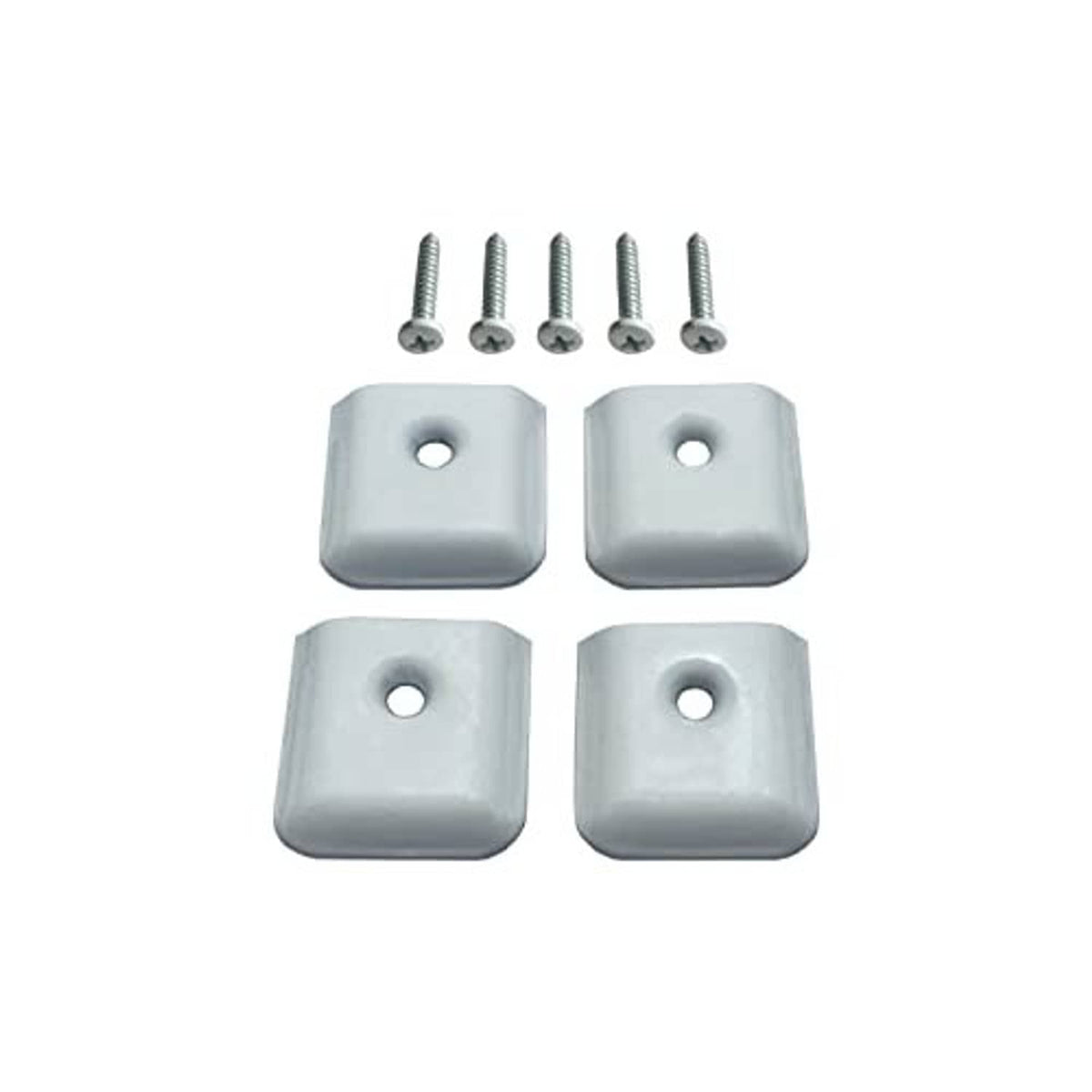 Four white flat aluminum end caps with mounting holes and five screws