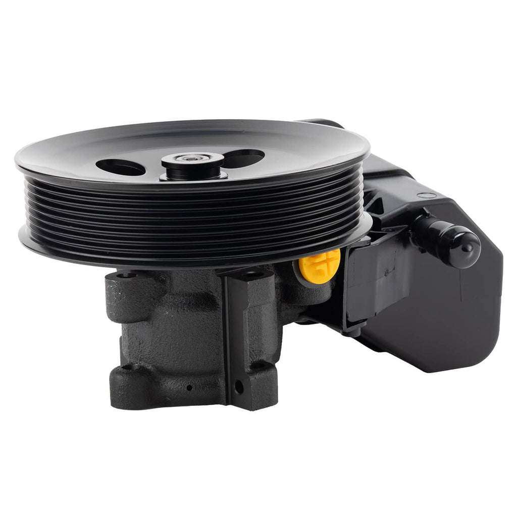 Power steering pump with reservoir, side view of black housing and grooved pulley