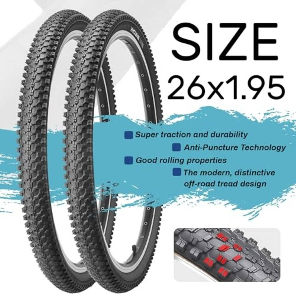 26x1.95 mountain bike tires, two-pack, black tread with sidewall profile.