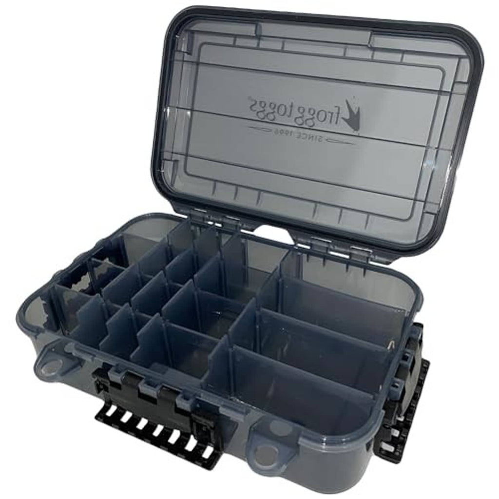 Waterproof utility box open with clear lid and dark divider compartments for tackle