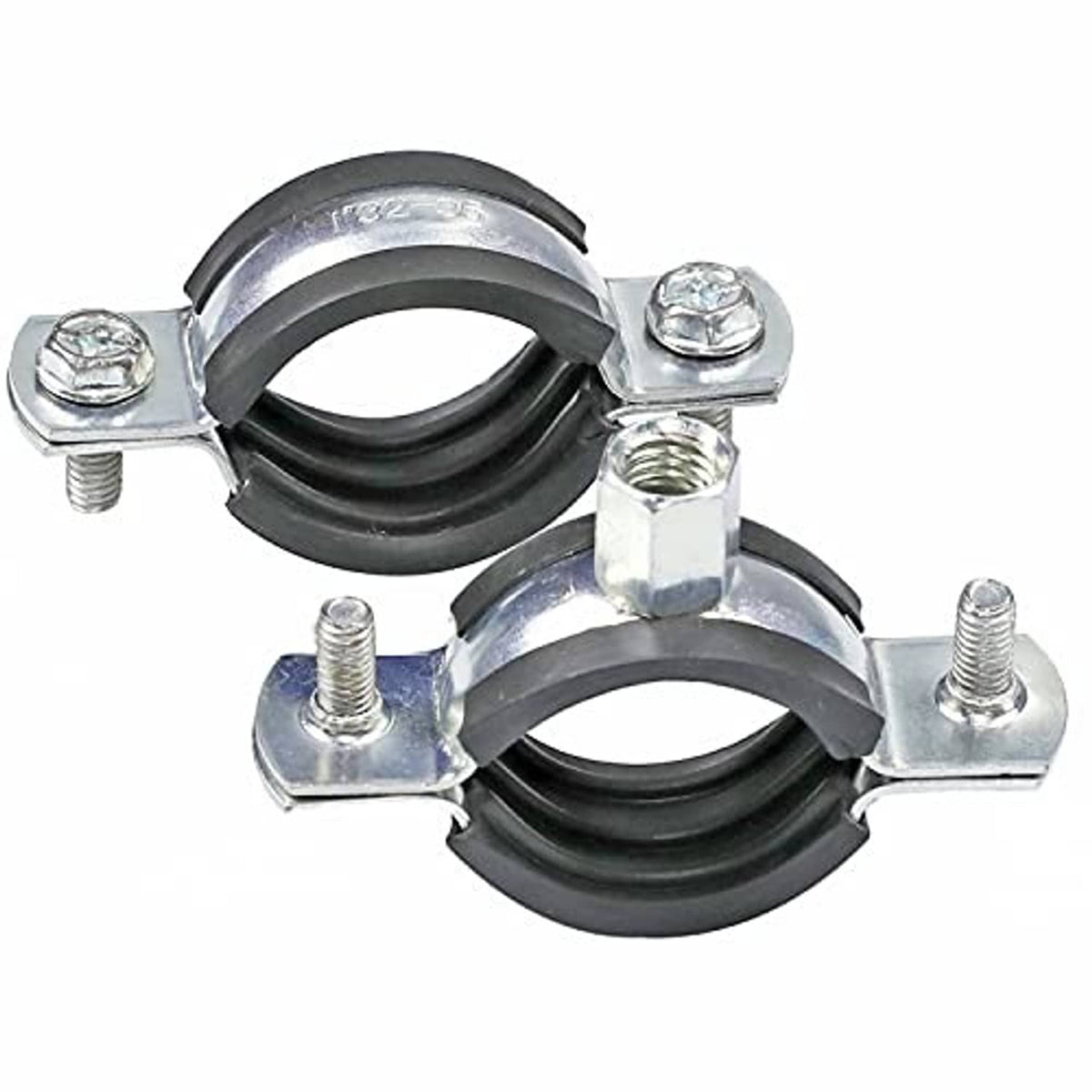 Heavy duty adjustable split ring pipe brackets with black cushioning and zinc mounting hardware