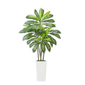 Faux dracaena tree with lush green leaves in a white square indoor pot
