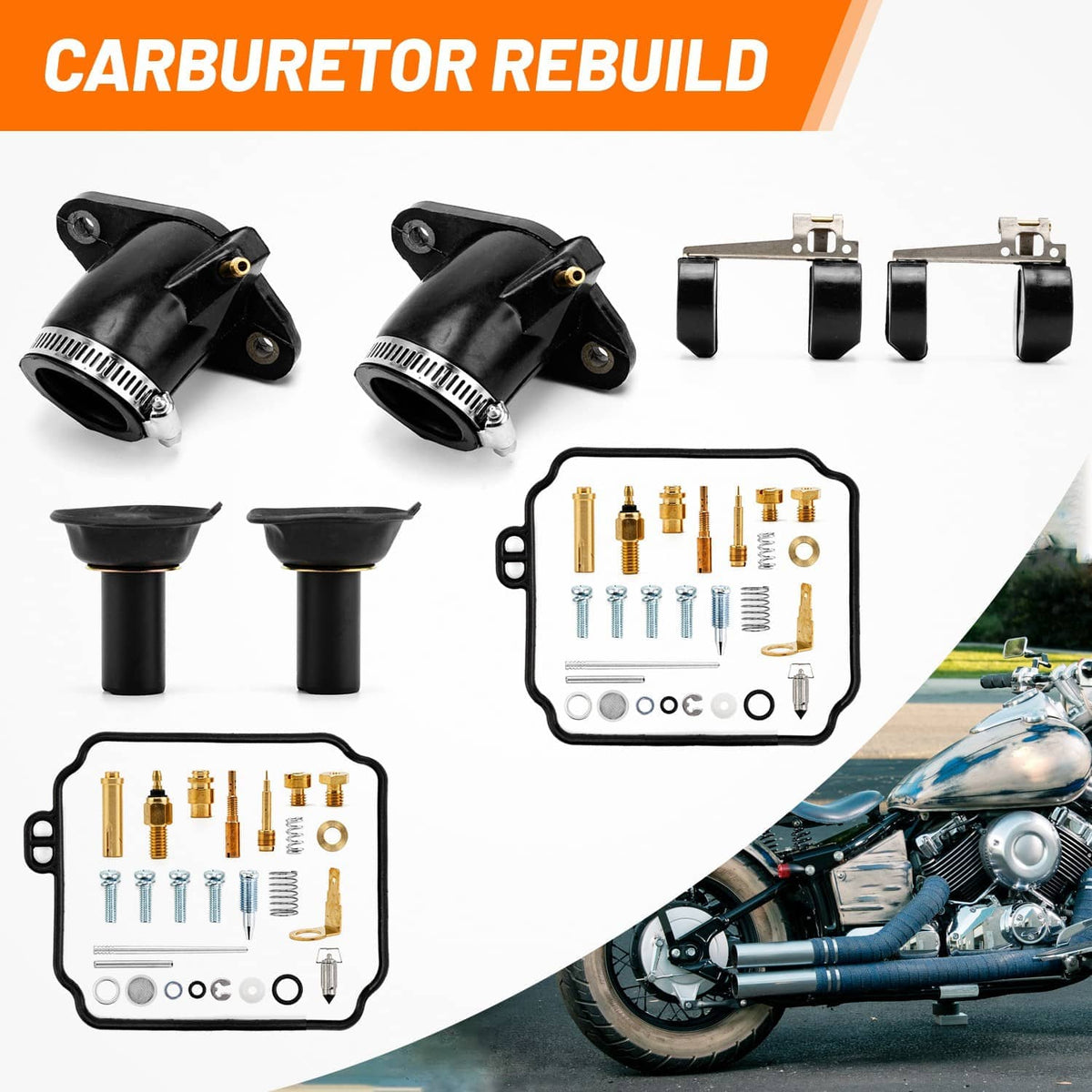 Carburetor rebuild kit intake boots and gasketed parts trays with brass jets
