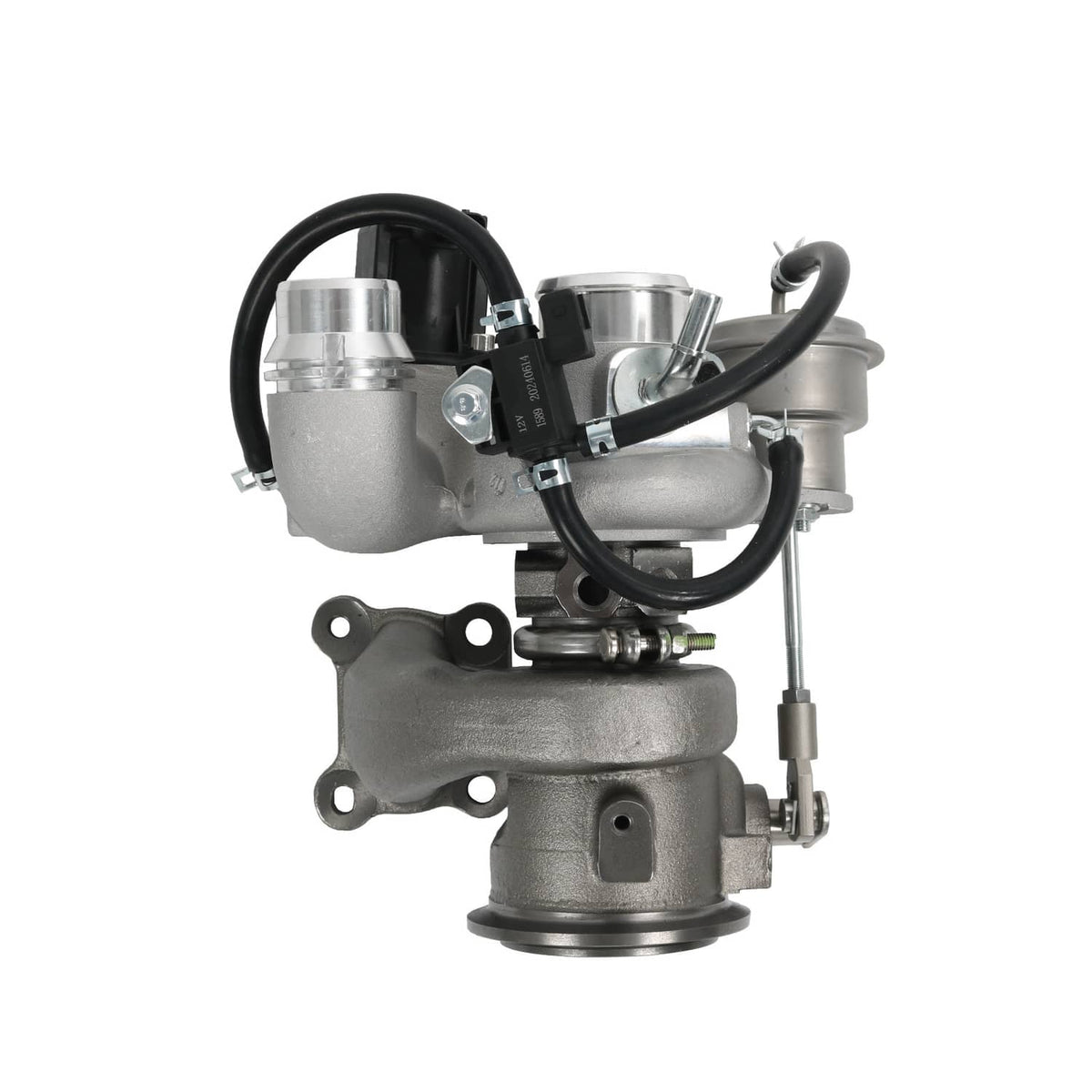 Turbocharger with metal body, black wiring harness, and outlet cover housing