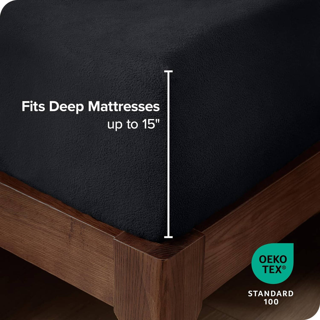 Black fitted fleece sheet with deep pocket design for thick mattresses