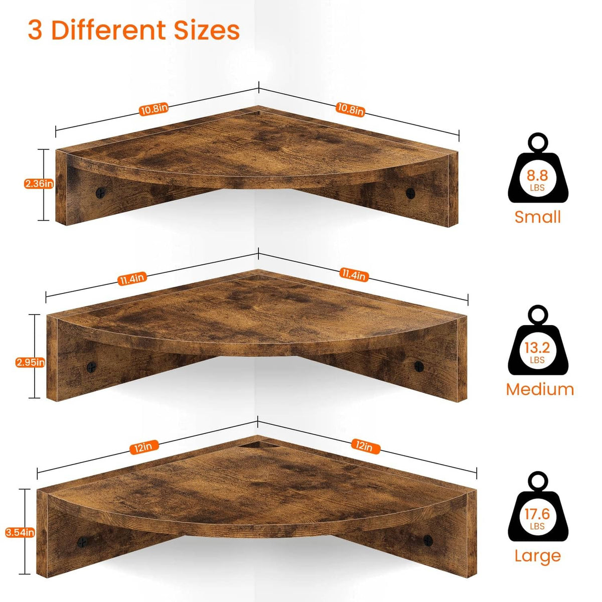 Brown corner wall shelf set diagram showing small, medium, and large sizes