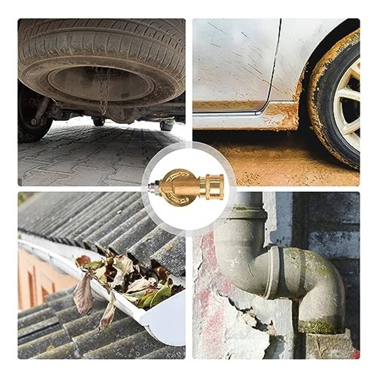 Brass pivoting coupler used for cleaning wheels, gutters, steps, and siding connections