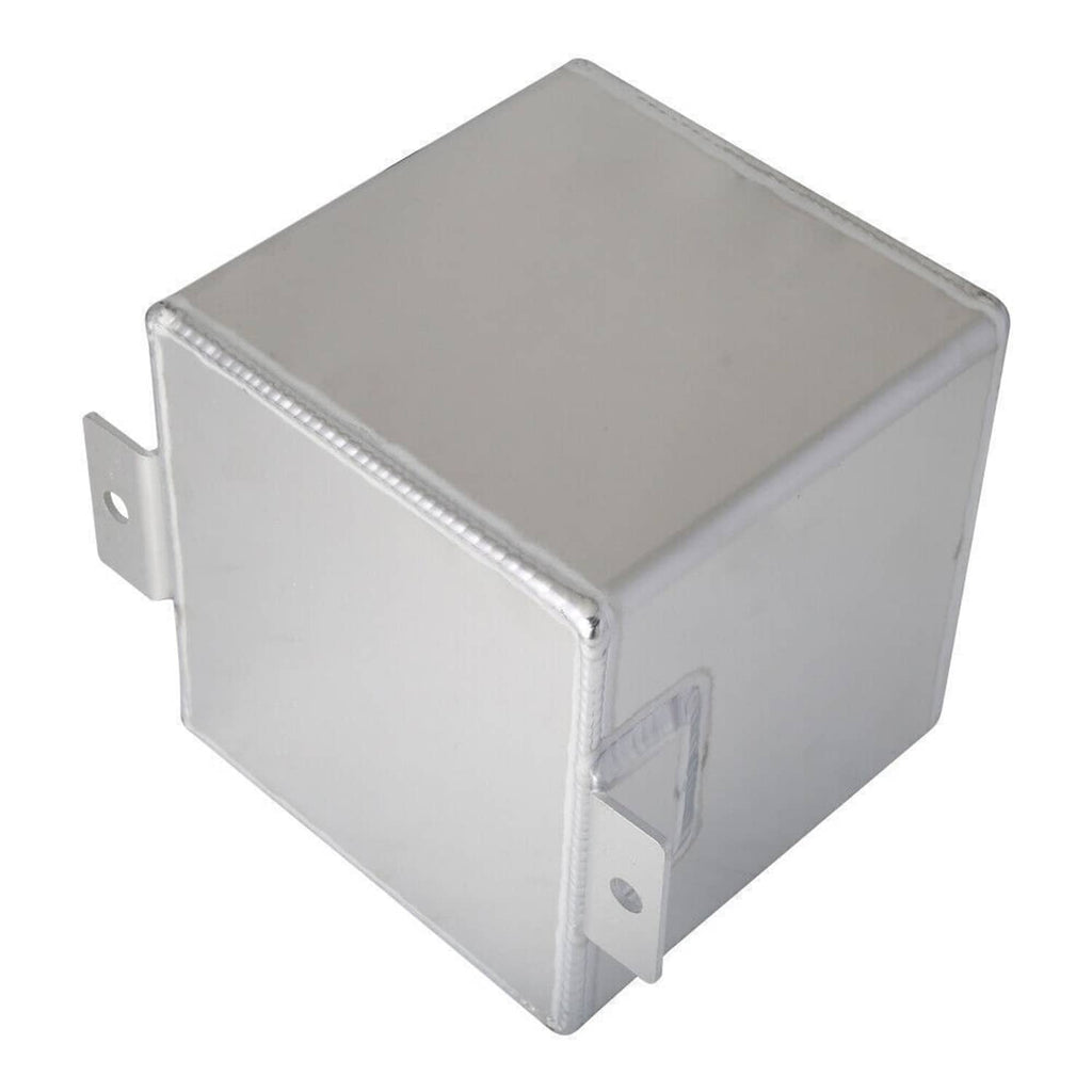 Aluminum fuel surge pot tank side view with mounting bracket and smooth welded finish