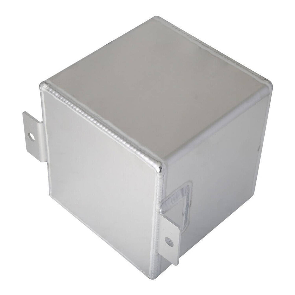 Aluminum fuel surge pot tank side view with mounting bracket and smooth welded finish