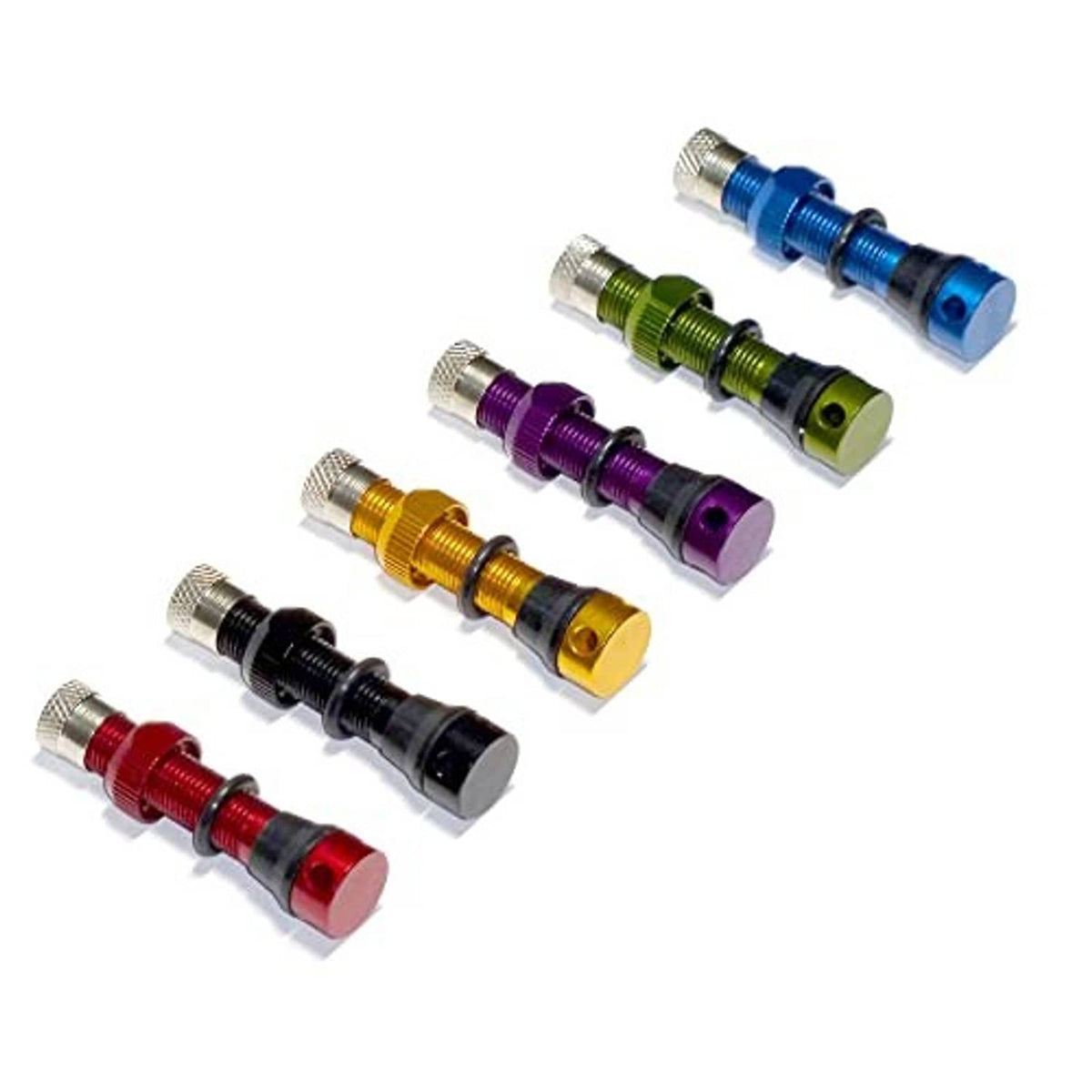 Assorted colored tubeless Schrader valve stems with cores and caps, red black gold purple green blue