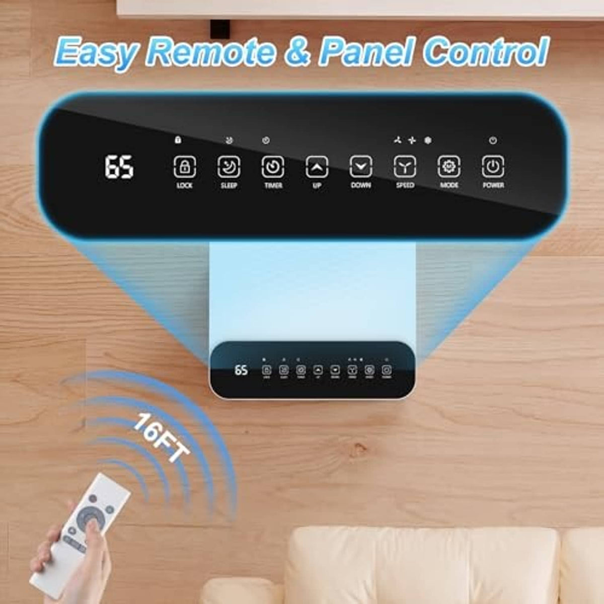 White portable air conditioner top control panel with buttons and handheld remote