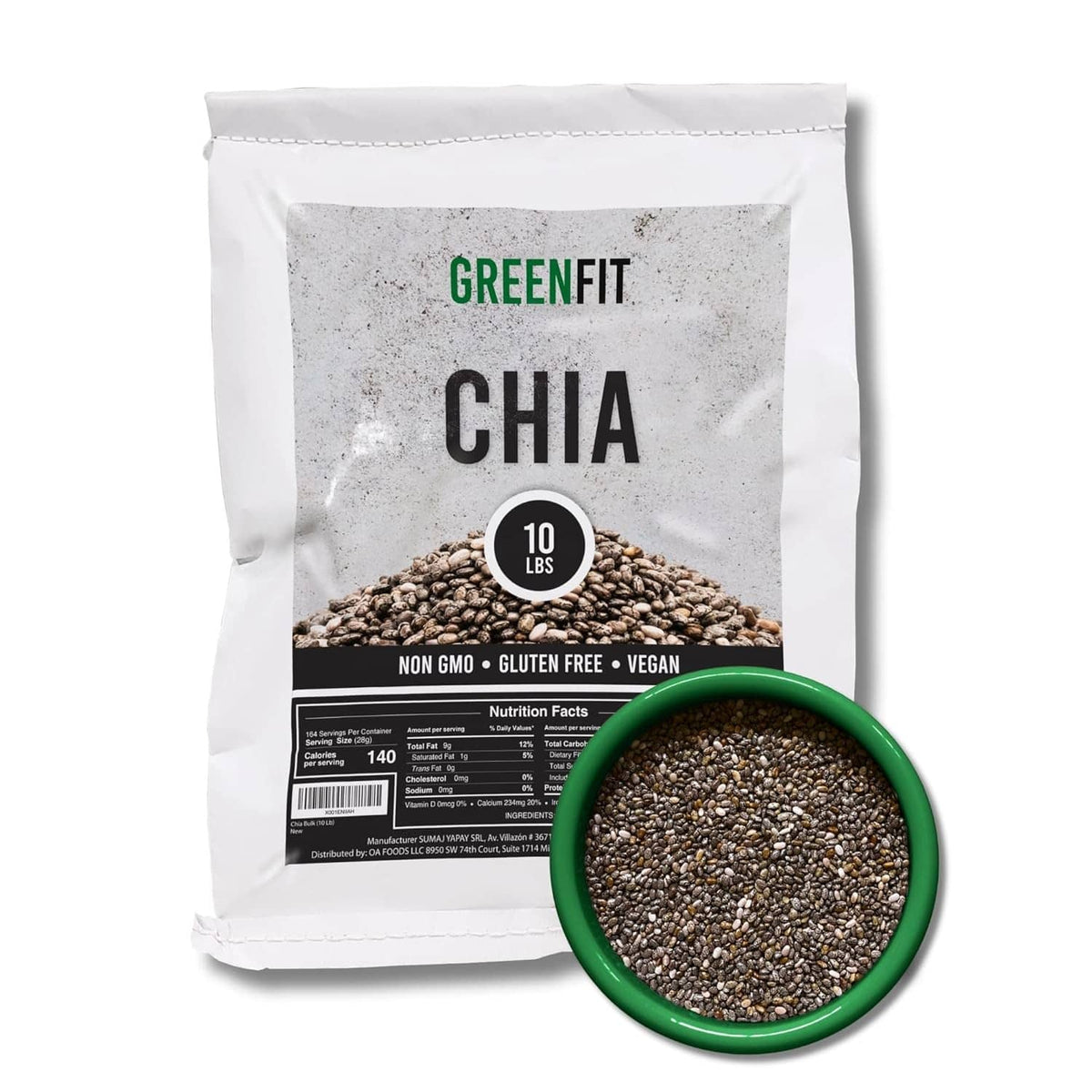Greenfit chia seeds bag, white pouch with green label and chia seeds filling