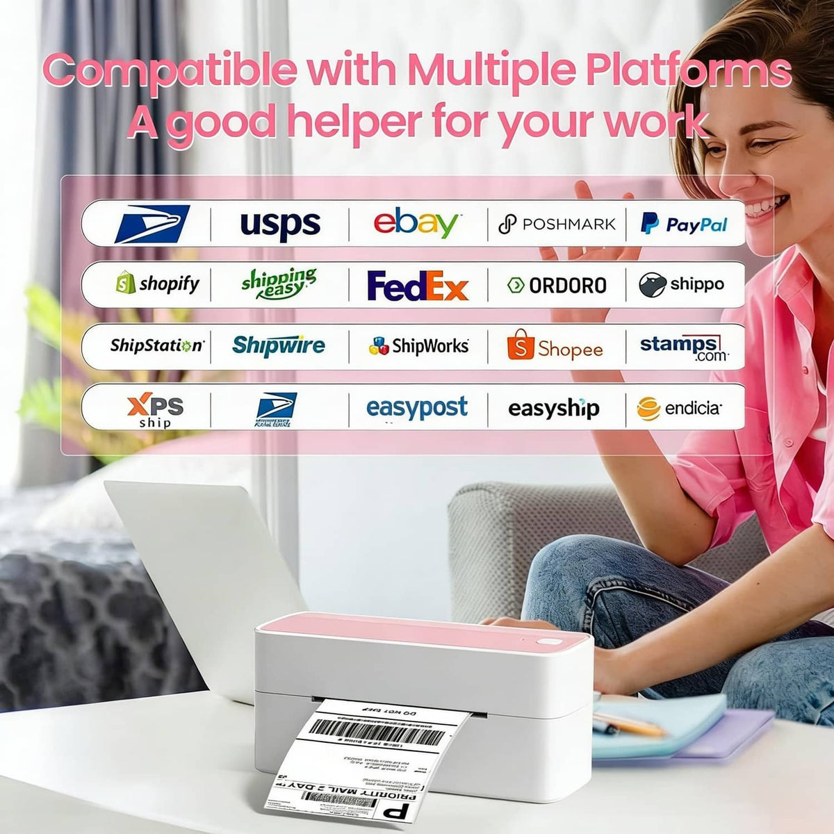 Compact thermal label printer with pink top on desk next to printed shipping label