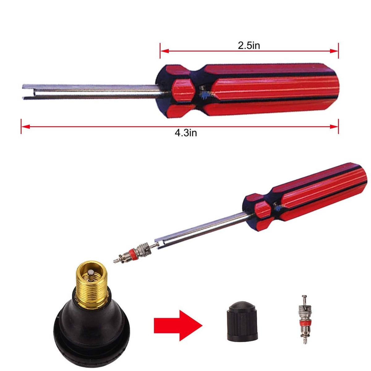 Red-and-black tire valve tool with long rod, plus black valve cap and brass valve stem