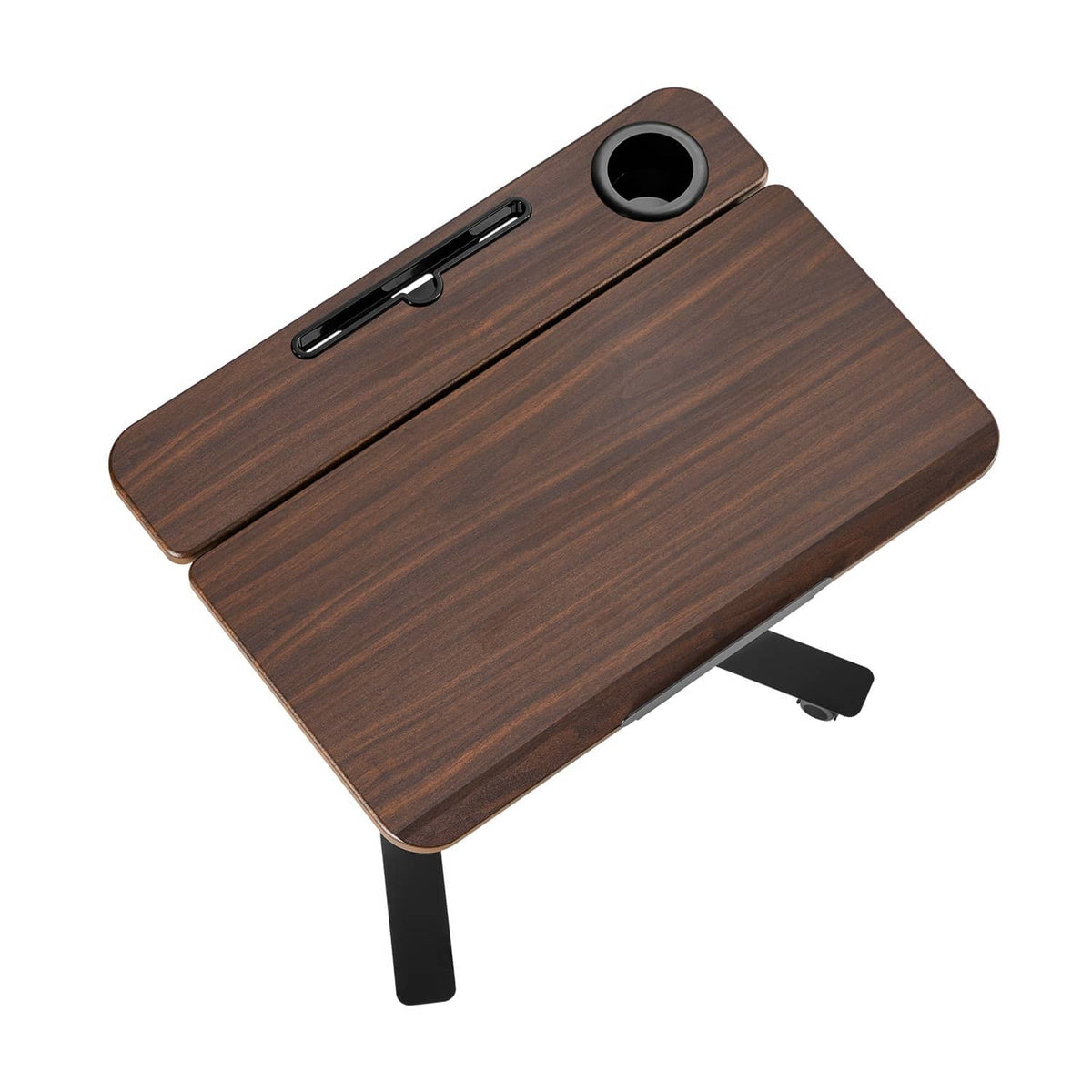 Tilting standing desk with wood tabletop, cup holder and side cable slot