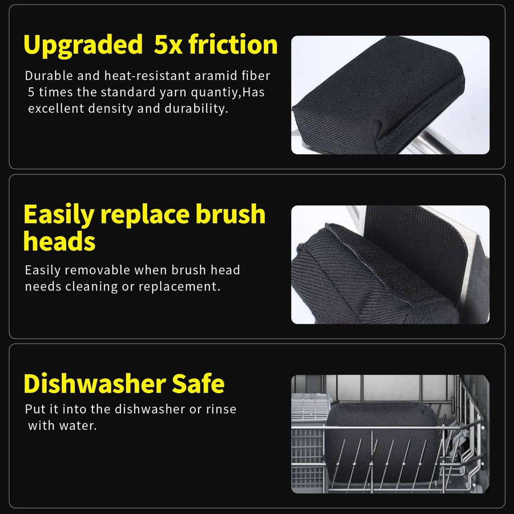 Rectangular black scrubbing pad grill brush with metal handle and replacement head