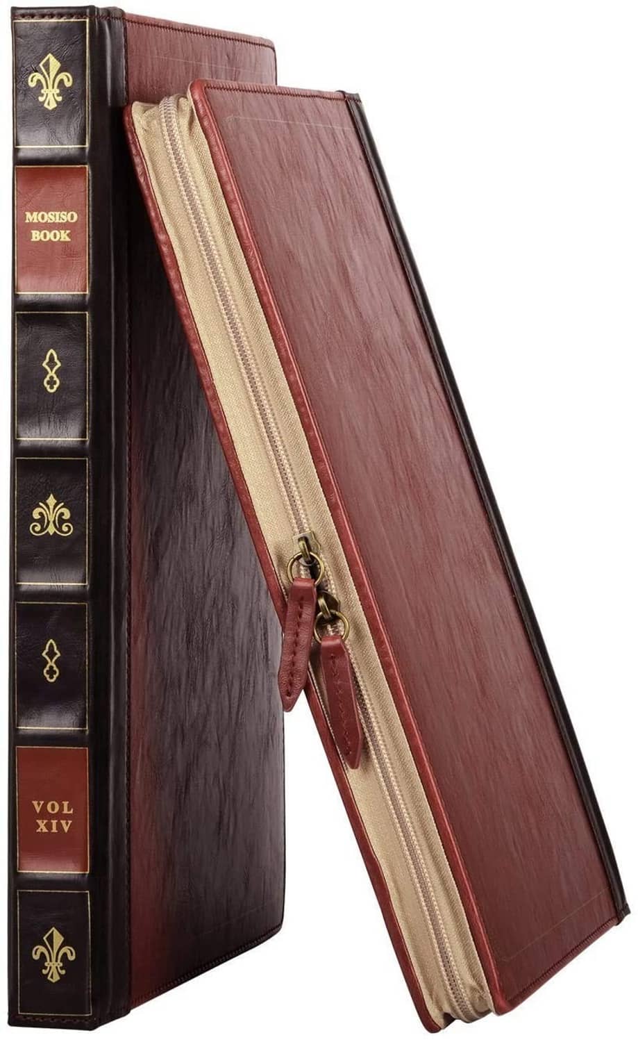 MOSISO decorative book-style spine on laptop case with zipper pull and patterned panels