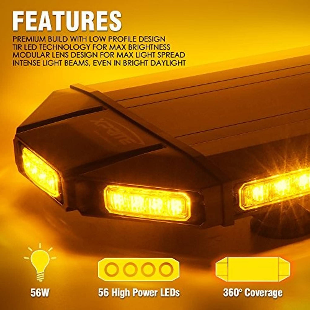 Amber LED strobe light bar end section with clear lens modules and glowing amber LEDs