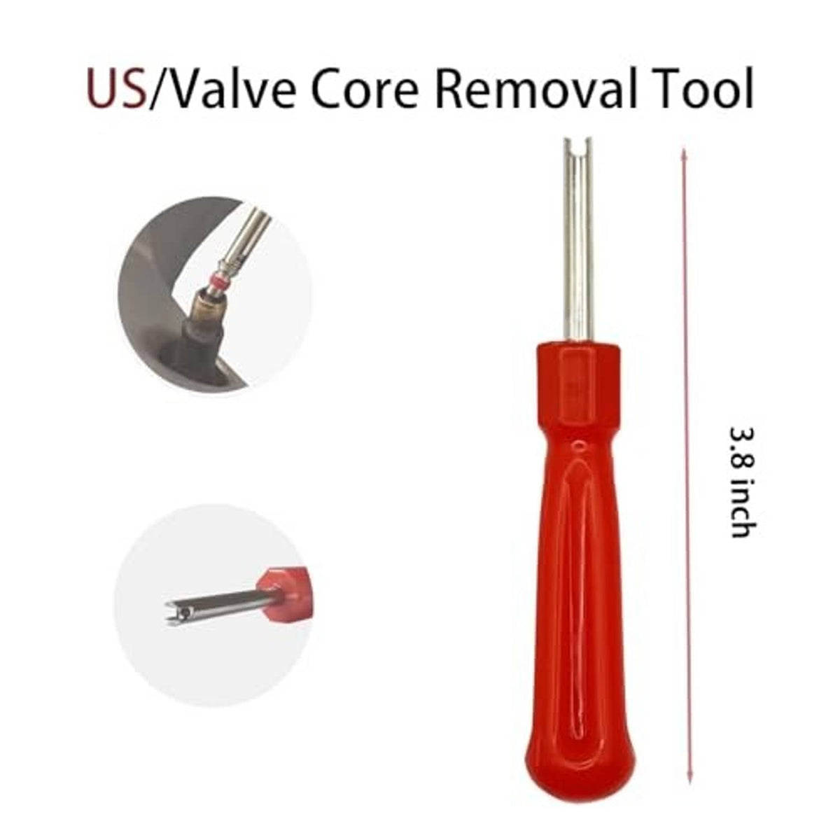 Valve core removal tool with red ergonomic handle and metal shaft